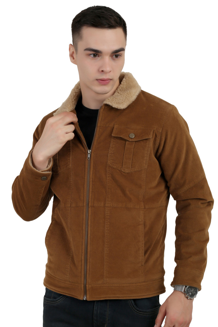 A man wearing a Khaki Corduroy jacket with a collar neck, zipper closure and pocket in hand designed for casual winter layering and comfort.